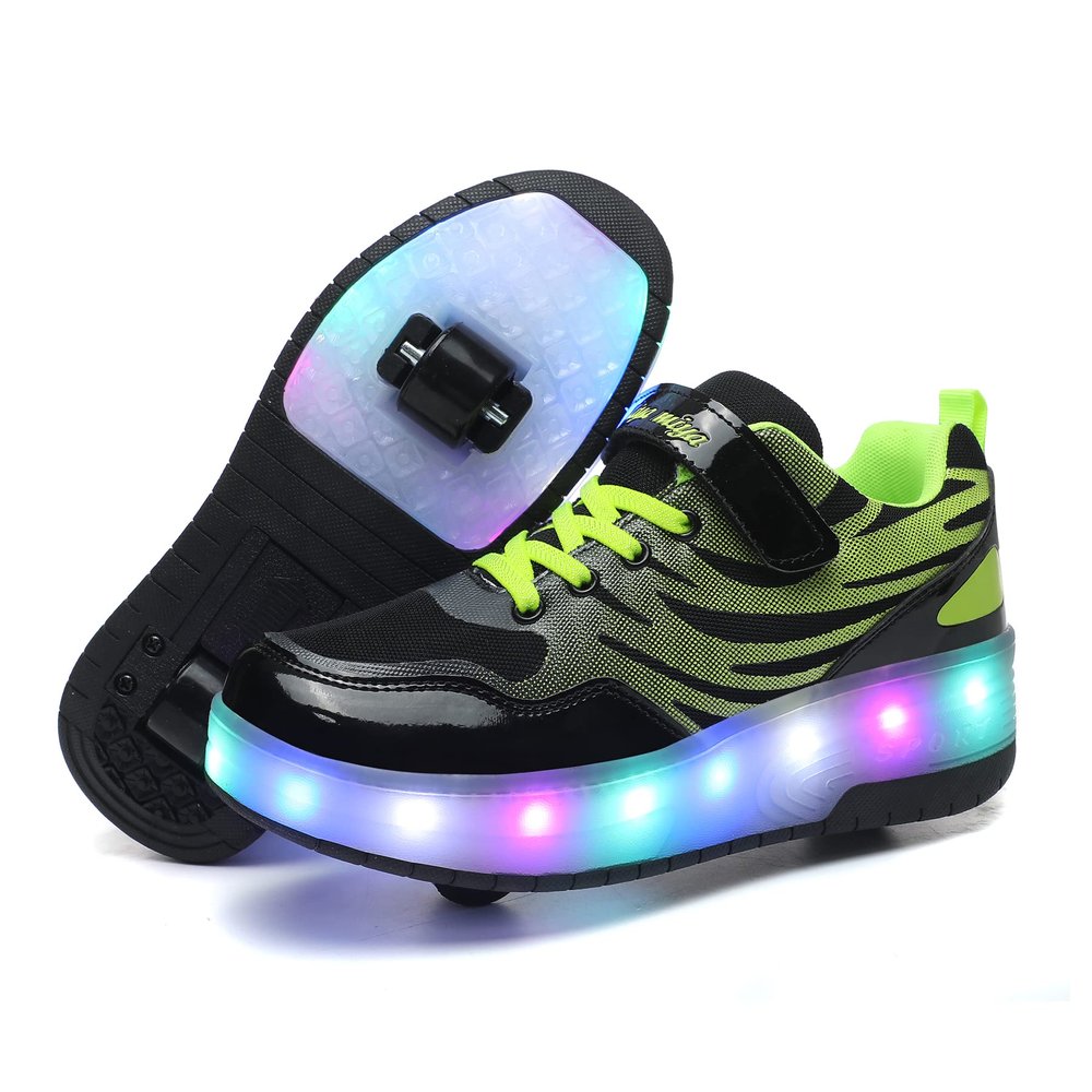 BFOEL Kids Roller Skates USB Chargable LED Light Up Shoes 2 Wheel Skate Sneaker Best Gift for Boys Girls Birthday Thanksgiving Christmas Day, Blackgreen_38