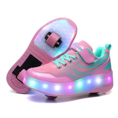 BFOEL Kids Roller Skates USB Chargable LED Light Up Shoes Best Gift for Boys Girls Birthday Thanksgiving Christmas Day, 35 Pink/Blue