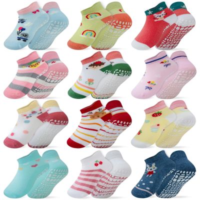 RATIVE Ankle Anti Slip Non Skid Cotton Socks with Grips Grippers for 0-6 Month Babies Baby Infant Boy Boys Girl Girls (0-6 Months, 12-Pairs/AG-100)