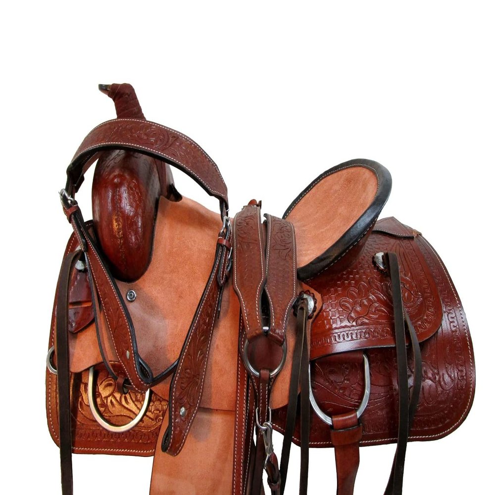 Brown Leather Western Roping Ranch Saddle 15 16 17 18 Tooled Horse TACK Set (17 in)