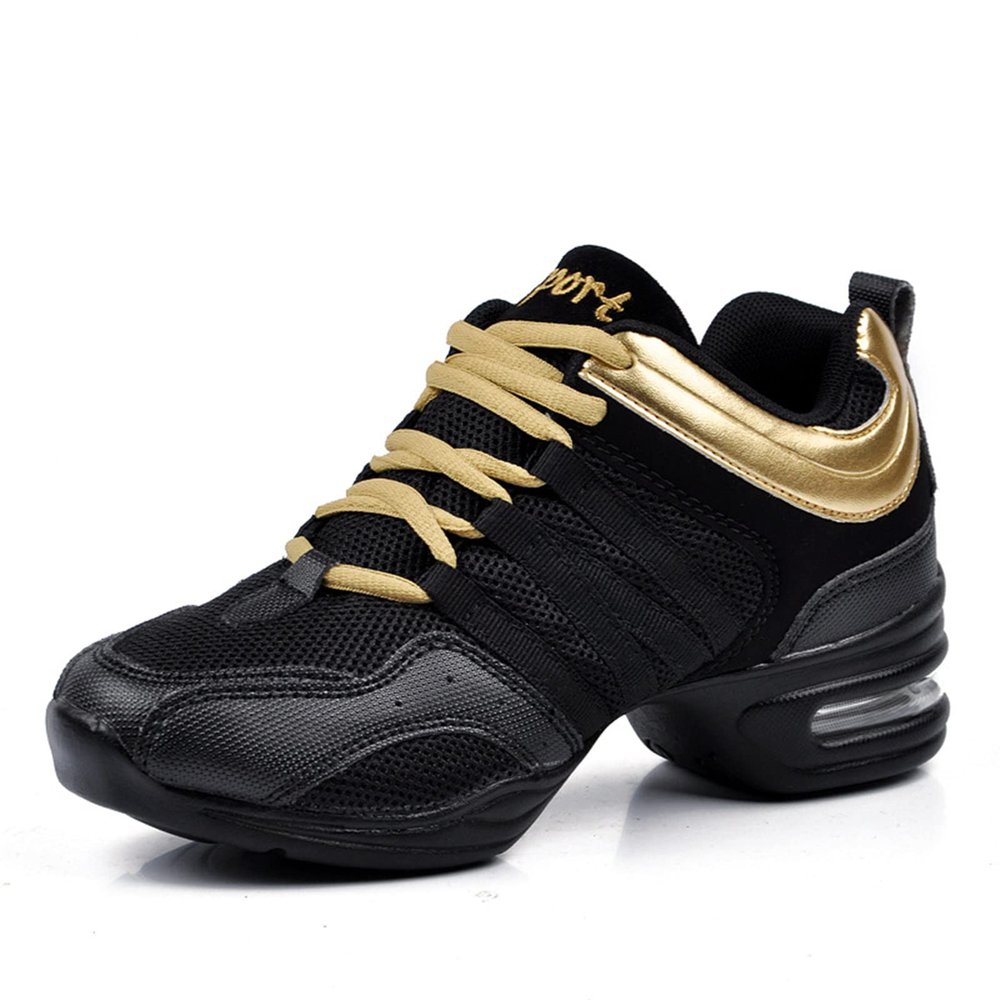 Julymens Women's Jazz Dancing Sneakers Breathable Mesh Lightweight Split Sole Athletic Walking Shoes SH019 Gold US4.5
