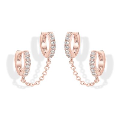 PAVOI 14K Gold Chain Earrings for Women | Double Piercing Dangle Chain Huggie Hoop Earrings | Cubic Zirconia Pearl Stud Ear Cuff Earrings for Women
