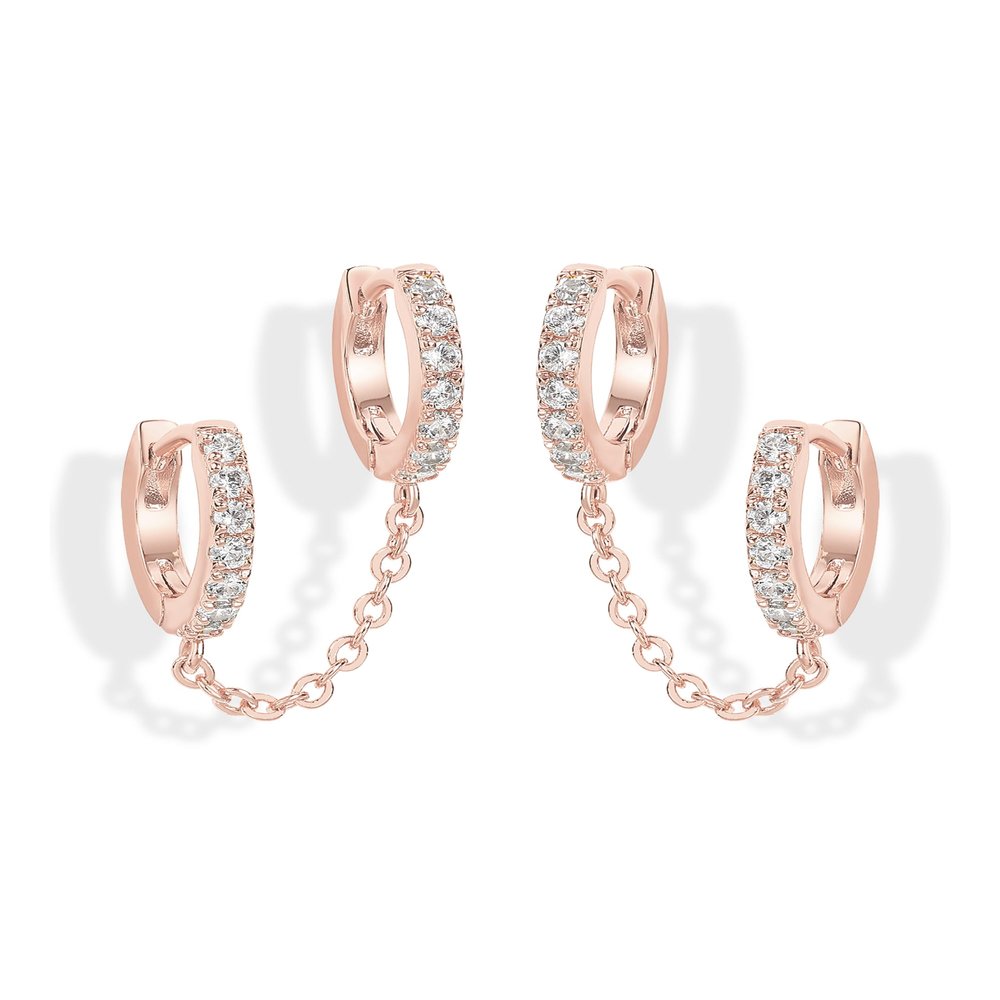 PAVOI 14K Gold Chain Earrings for Women | Double Piercing Dangle Chain Huggie Hoop Earrings | Cubic Zirconia Pearl Stud Ear Cuff Earrings for Women