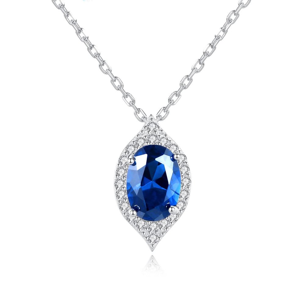 925 Sterling Silver Zircon Halo Simulated Sapphire Pendant Necklace for Women, Cubic Zirconia Oval Cut Nano Blue Gemstone 16+2inch Chain S925 Palladium Plated Necklace with Gift Box (SN591)