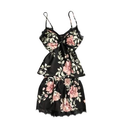 Camisole Pajamas Set Lace Satin Lingerie Short Sets Sexy Floral Nightgown Sleepwear Cami Top Pjs Silk Loungewear Set Black