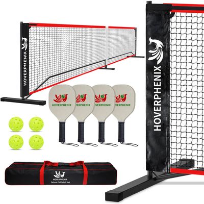 Hoverphenix Pickleball Set with Net for Driveway, Portable Regulation Size Pickleball Net System with Paddle Set of 4, Outdoor Pickleballs, Carry Bag, Weather Resistant Metal Frame