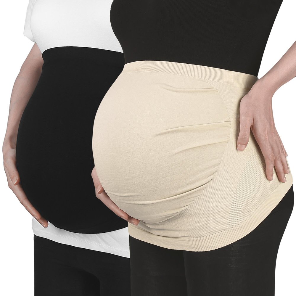 VOCOSTE 2 Pcs Maternity Belly Band, Belly Bands for Pregnant Women, Pregnancy Support Belly Belt Bands for Pregnancy and Postpartum, Black Beige, Size XXL