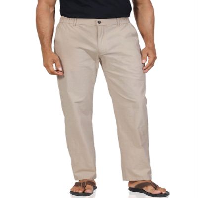 Soojun Men's Casual Linen Blend Relaxed Fit Straight Legs Elastic Waist Pants, Khaki, 38W x 30L