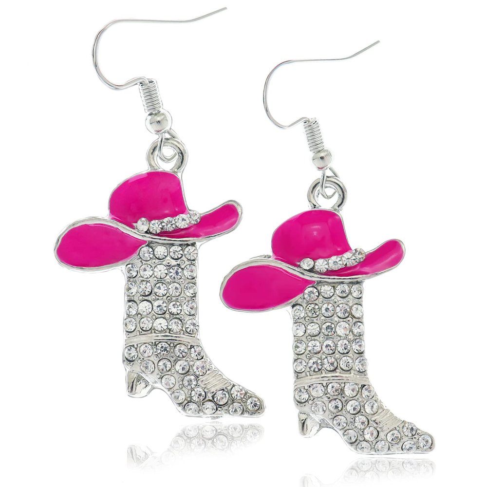 Rhinestone Western Boots Earrings Cowgirl Cowboy Enamel Hat Bohemian Rodeo Boot Drop Dangle Earrings for Women Rose Pink