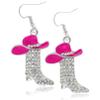 Rhinestone Western Boots Earrings Cowgirl Cowboy Enamel Hat Bohemian Rodeo Boot Drop Dangle Earrings for Women Rose Pink view 1