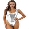 Sxiwei Woman's Metallic Shiny One-Piece Thong Bodysuit Gymnastic Leotard Backless Monokini Swimsuit Silver Medium view 1