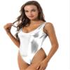Sxiwei Woman's Metallic Shiny One-Piece Thong Bodysuit Gymnastic Leotard Backless Monokini Swimsuit Silver Medium view 3