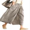 chouyatou Women's Cotton Linen Pants Elastic Waist Plaid Gingham Wide Leg Capri Palazzo Pants (Small, Coffee Brown) view 1