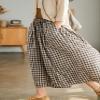 chouyatou Women's Cotton Linen Pants Elastic Waist Plaid Gingham Wide Leg Capri Palazzo Pants (Small, Coffee Brown) view 2