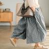 chouyatou Women's Cotton Linen Pants Elastic Waist Plaid Gingham Wide Leg Capri Palazzo Pants (X-Small, Black) view 2