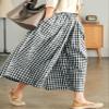 chouyatou Women's Cotton Linen Pants Elastic Waist Plaid Gingham Wide Leg Capri Palazzo Pants (X-Small, Black) view 3