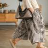 chouyatou Women's Cotton Linen Pants Elastic Waist Plaid Gingham Wide Leg Capri Palazzo Pants (X-Small, Coffee Brown) view 3
