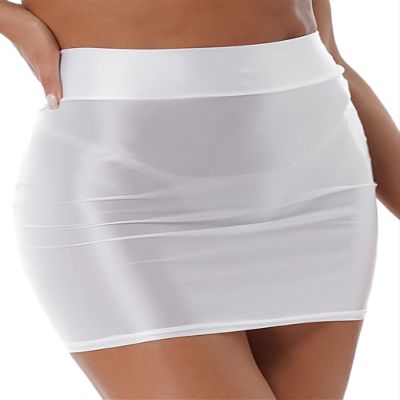 QinCiao Women's Glossy Solid Color Y2K Skirt Mesh Bodycon Hip Short Mini Skirts White Large