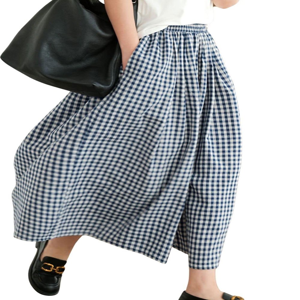 chouyatou Women's Cotton Linen Pants Elastic Waist Plaid Gingham Wide Leg Capri Palazzo Pants (Large, Blue)