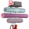 VINAEMO Yoga Mat Holder Accessories Wall Mount Organizer Storage Decor Foam Roller and Towel Storage Rack with 4 Hooks and Wooden Shelves Yoga Mats Rack Resistance Bands for Home Gym School Office view 1