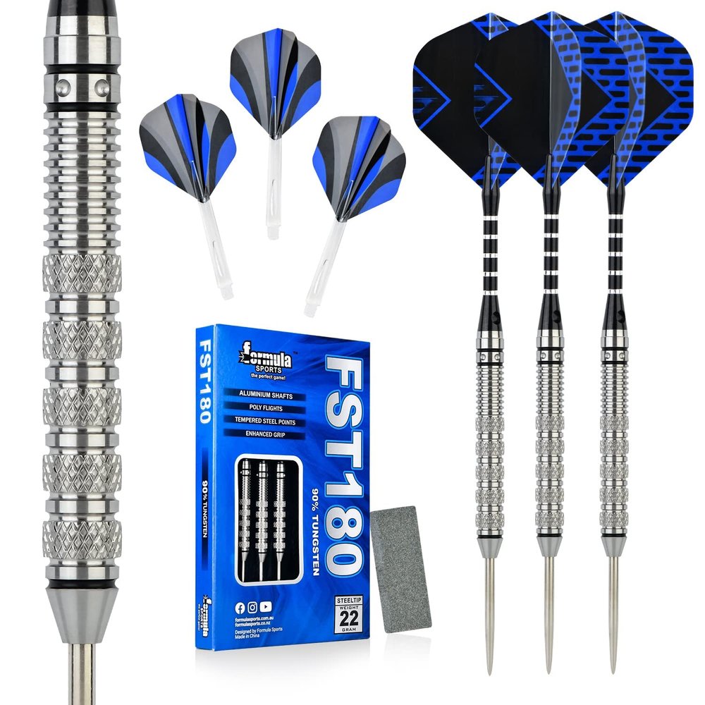 Formula Sports 90% Tungsten Darts Metal Tip Set 21g/22g/23g/24g, Professional Steel Tip Darts Set with Aluminum Shafts, Tungsten Barrels, Extra Flights, Dart Sharpener, Gift Box