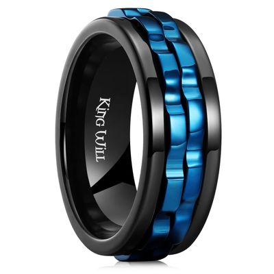 King Will 316L Stainless Steel Spinner Ring for Men-8mm Black Fidget Spinner Ring in Blue Gear, Anxiety Relief and Stress Free Wedding Band Comfort Fit Size 12