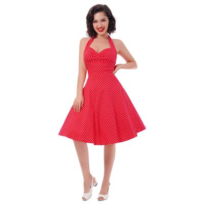 50s Dresses for Women Vintage Halter Polka Dot Cocktail Dresses 1950s Halter Rockabilly Dresses 50's 60's Prom Tea Party Swing Dresses Audrey Hepburn Prom Dress Red XX-Large