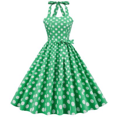 50s Dresses for Women Vintage Halter Polka Dot Cocktail Dresses 1950s Halter Rockabilly Dresses 50's 60's Prom Tea Party Swing Dresses Audrey Hepburn Prom Dress Green Polka Belt Medium