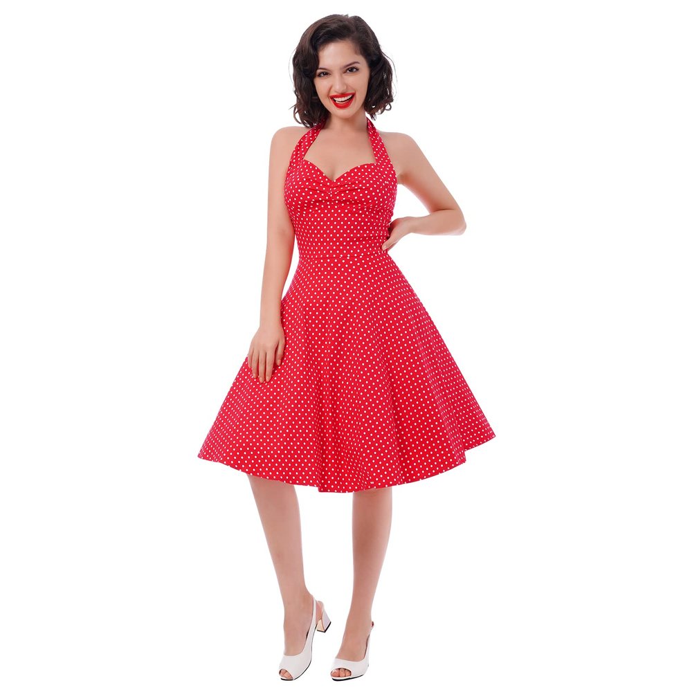 50s Dresses for Women Vintage Halter Polka Dot Cocktail Dresses 1950s Halter Rockabilly Dresses 50's 60's Prom Tea Party Swing Dresses Audrey Hepburn Prom Dress Red X-Large