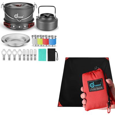 Odoland Bundle - 2 Items 22pcs Camping Cookware Mess Kit and Pocket Blanket Picnic Blanket, 43" x 63" SandProof Waterproof Outdoor Beach Blanket with Portable Bag