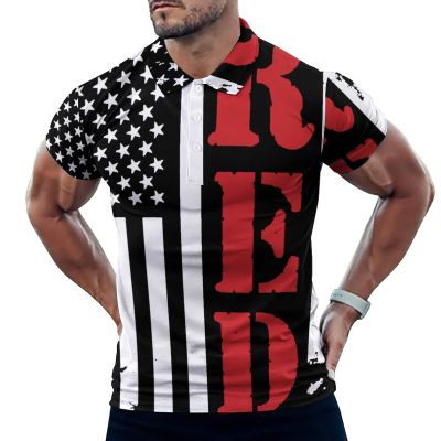 BAIKUTOUAN American Flag RED Remember Everyone Deployed Men's Short Sleeve Polo-Shirt Casual T-Shirts Slim Fit Summer Tops 4XL