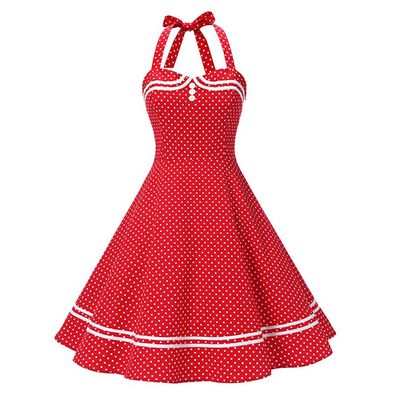 50s Dresses for Women Vintage Halter Polka Dot Cocktail Dresses 1950s Halter Rockabilly Dresses 50's 60's Prom Tea Party Swing Dresses Audrey Hepburn Prom Dress Red Polka X-Large
