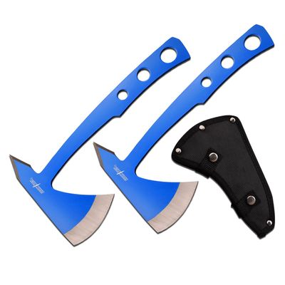 Perfect Point Throwing Axes Set of 2 - Blue and Satin Finish Stainless Steel Blades w/Blue Stainless Steel Handles, Nylon Sheath, Full Tang, Well Balanced, Throwing Sport Axes PP-107BL-2