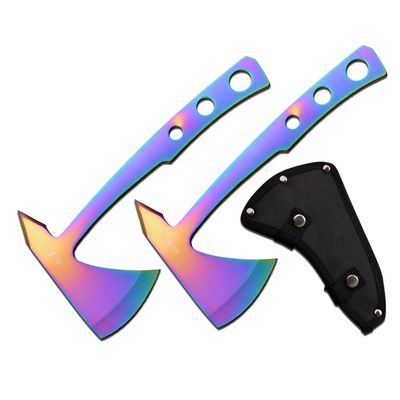 Master Cutlery Perfect Point Throwing Axes  Set of 2 - Rainbow TiNite Coated Stainless Steel Blades and Handles, Nylon Sheath, Full Tang, Well Balanced, Throwing Sport Axes  PP-107RB-2