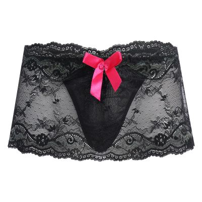 ABAFIP Mens Lace Underwear Sissy Skirted Panties Frilly Trim Crossdressing Lingerie Mesh Sheer G-string Thongs Bikini Briefs Girly Underpants Black - mesh One Size
