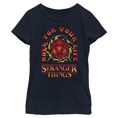 Netflix Girls Stranger Things Fire and Dice Short Sleeve Tee T Shirt, Navy Blue, Medium US