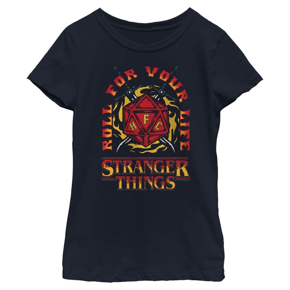 Netflix Girls Stranger Things Fire and Dice Short Sleeve Tee T Shirt, Navy Blue, Medium US