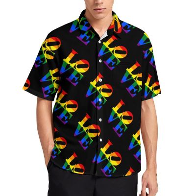 BAIKUTOUAN Love LGBT Gay Pride Men's Shirt Button Down Short Sleeve Hawaiian Shirts Top for Beach Business Casual XL