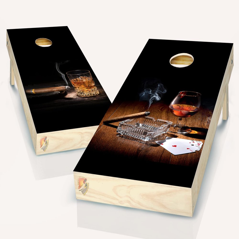 Cigar and Whiskey Poker Cornhole Board Vinyl Wrap Laminated Sticker Set Decal