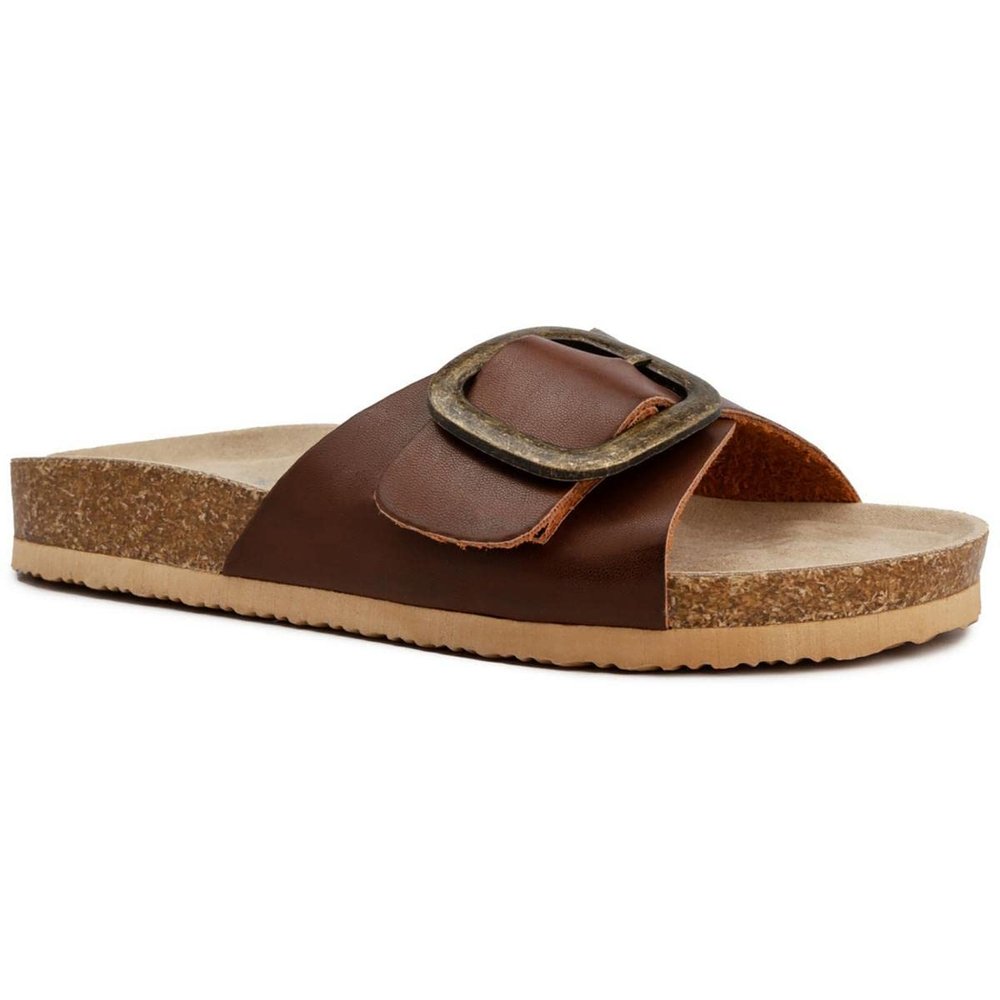 Sugar Womens Slide Sandals - Slip-on Flat Sandals for Women - Open Toe Slipper Sandal with Wide Buckled Vamp Strap - Zerri 8 Cognac