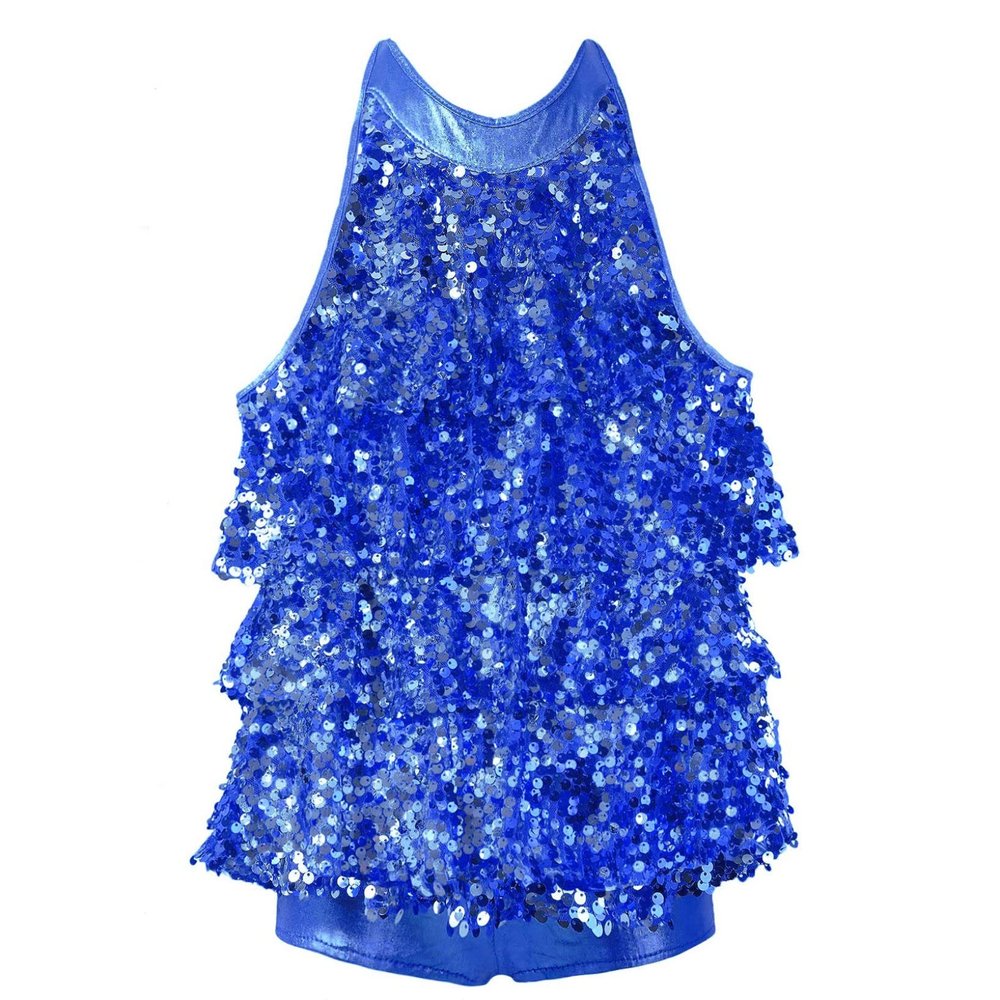 LiiYii Kids Girls Shiny Sequins Halter Neck Top with Shorts 2 Piece Outfit Athletic Dance Unitard Party Stage Costume Royal Blue 6 Years