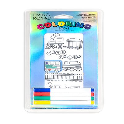 Living Royal Coloring Socks, Unisex 100% Polyester Funny Socks, Gifts for Kids, One Size Fits Most, Includes 4 Fabric Markers, Trains Design
