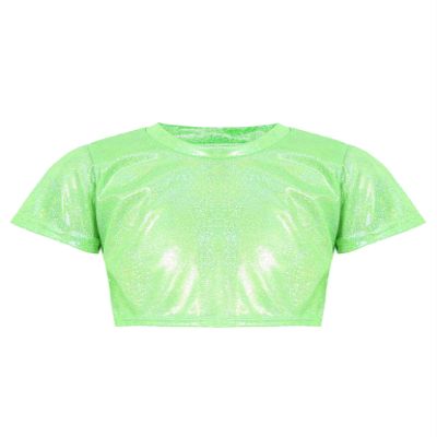 Loodgao Kids Girls Boys Shiny Sequins T-Shirts Short Sleeve Dance Crop Tops Jazz Hip Hop Dancewear Fluorescent_Green 9-10