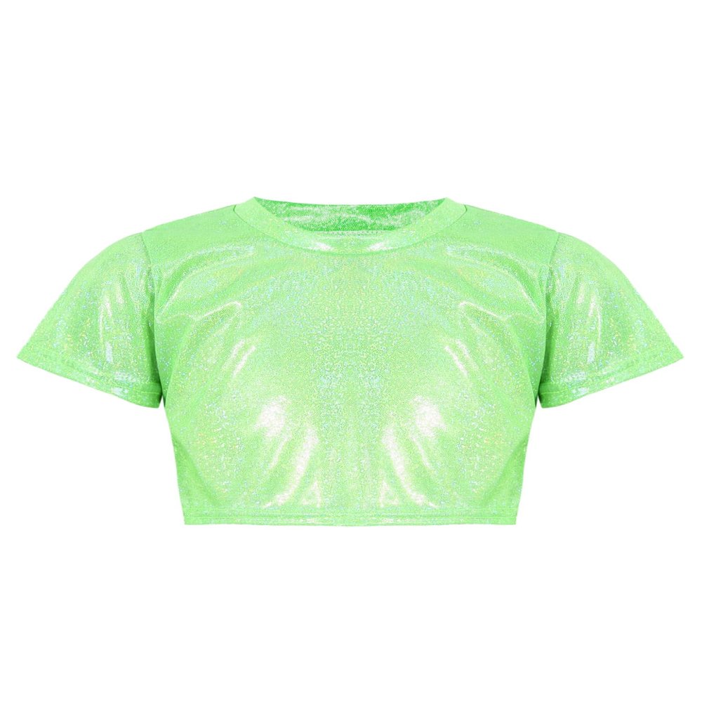 Loodgao Kids Girls Boys Shiny Sequins T-Shirts Short Sleeve Dance Crop Tops Jazz Hip Hop Dancewear Fluorescent_Green 9-10