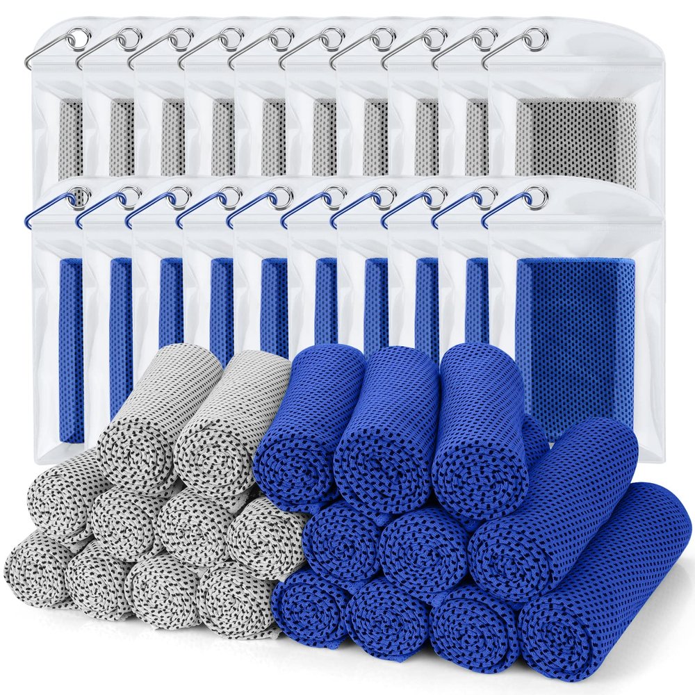 Biange Cooling Towel (Pack of 20, 40"x12") with Pouches for Sports, Workout, Fitness, Gym, Yoga, Golf, Pilates, Travel, Camping & More