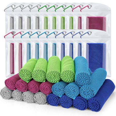 Biange Cooling Towel (Pack of 20, 40"x12") with Pouches for Sports, Workout, Fitness, Gym, Yoga, Golf, Pilates, Travel, Camping & More
