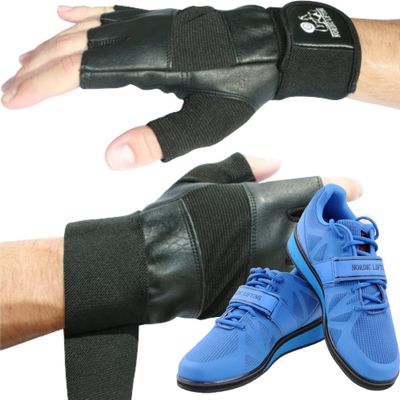 Nordic Lifting Gym Gloves Large - Black Bundle with Shoes Megin Size 8.5 - Blue
