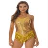 FEESHOW Women Fringe Leotard Sequin Leotards Shiny Tassel Latin Dance Costumes Jazz Dance Tops Bodysuit Gold Large view 1