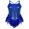 FEESHOW Women Fringe Leotard Sequin Leotards Shiny Tassel Latin Dance Costumes Jazz Dance Tops Bodysuit Royal_Blue Medium view 3