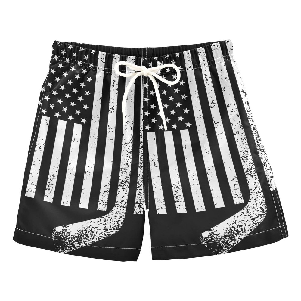 Aflyko 4th of July Boys' Board Shorts Stars Stripes Hockey Stick Toddler Swim Trunk Girls Beach Swimwear
